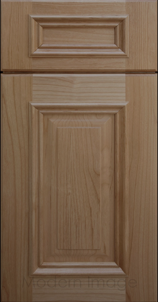 Fawn stained Hamilton cabinet door with a double raised panel and mitered elevated molding.